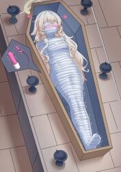absurdres arms_behind_back artist_request blindfold blonde_hair blue_archive blush bound bound_arms bound_legs candle check_artist coffin commentary_request dildo egg_vibrator female gagged halo highres long_hair lying mummification_(bound) night on_back professor_niyaniya_(blue_archive) sex_toy solo t_zhonglang trembling variant_set very_long_hair vibrator yellow_halo