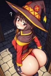 1girls ai_generated animated artist_name ass ass_grab big_ass black_choker black_legwear blush breasts brown_hair chestnut_mouth eyebrows eyebrows_visible_through_hair female fingerless_gloves from_above gloves grabbing_own_ass grok hat high-angle_view huge_ass jewelry kiritoespblack kono_subarashii_sekai_ni_shukufuku_wo! legwear looking_at_own_ass looking_back megumin motion_lines necklace open_mouth panties questionable red_clothes red_eyes red_panties red_thong single_thighhigh small_breasts sound tagme thighhighs thong_underwear underwear video white_legwear witch_hat