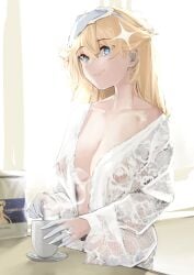 1girls absurdres areolae blonde_hair blue_eyes breasts cleavage coffee coffee_mug collarbone commentary covered_erect_nipples cup english_commentary female hair_ornament highres kaneko_lumi large_breasts light_smile long_hair looking_at_viewer messy_hair morning_after mug nightgown nipples nipples_visible_through_clothing phase_connect pupi pupi_(rain_prophet) see-through see-through_clothes see-through_clothing sleep_mask sparkle_hair_ornament spoon star_(symbol) star_hair_ornament virtual_youtuber vtuber