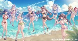 6+girls 8girls ahoge animal_ear_fluff animal_ear_hairband animal_ears antler_ring antlers arm_up arms_behind_back arms_behind_head bare_shoulders bikini black_bikini black_sandals blonde_hair blue_bikini blue_bow blue_eyes blue_hair blue_ribbon bow bow_bikini braid breasts brown_hair chisaka_airi cleavage clenched_hand clenched_hands closed_mouth collarbone colored_inner_hair copyright_notice criss-cross_halter curly_hair deer_antlers deer_ears deer_girl deer_tail dizzy_dokuro double_bun dragon_girl dragon_horns dragon_tail ember_amane fake_animal_ears flower frilled_bikini frills front-tie_bikini_top front-tie_top full_body gold_sandals green_eyes green_shorts greenapple grey_hair hair_bun hair_ornament hair_ribbon hairband hairbow hairpin hakushika_iori halterneck heart highleg highleg_bikini himemiya_rie horns kaminari_clara large_breasts lightning_bolt-shaped_pupils long_hair looking_at_viewer medium_breasts mole mole_on_breast multicolored_hair multiple_girls navel object_floating_above_hand oerba_yun_fang official_art open_mouth phase_connect pink_bikini pink_eyes pink_flower pink_hair pointy_ears purple_bikini purple_eyes purple_shoes rabbit_ear_hairband rabbit_ears red_bikini red_eyes ribbon sandals sarong shadow shisui_michiru shoes short_shorts shorts side_ponytail simple_background skin_fang sling_bikini_top small_breasts smile standing standing_on_one_leg streaked_hair swimsuit symbol-shaped_pupils tail teeth thigh_strap tiara twintails two-tone_hair upper_teeth_only utatane_nasa v virtual_youtuber vtuber white_background white_bikini white_hair white_ribbon white_sandals white_sarong white_shoes wolf_ears wolf_girl wolf_tail yellow_bow yellow_eyes yellow_ribbon