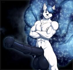 animal_genitalia animal_penis anthro arms_crossed balls biceps big_balls big_tail black_background blue_eyes blue_hair blue_tail canid canine chest_tuft cosmic_hair crossed_arms dark_blue_hair deltoids equine_penis erection flared_penis hanging_balls horsecock huge_balls humanoid hyper hyper_penis long_penis looking_at_viewer male male_only mammal matching_hair/eyes medial_ring multiple_tails muscles muscular muscular_male muscular_thighs navel nude oratorio_(silentfan42) pecs penis presenting_penis shiny_tails six_pack smile smug solo standing tail tridark vein white_body white_fur