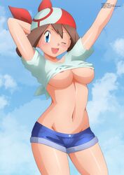 1girls alternate_breast_size alternate_outfit areola_slip bandana blue_eyes breasts brown_hair erect_nipples eyebrows human_only large_breasts may_(pokemon) midriff navel nintendo pokemon pokemon_rse short_shorts tied_shirt wide_hips zel-sama