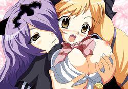 2girls blonde_hair blush breast_grab breasts breasts_out camilla_(fire_emblem) drill_hair elise_(fire_emblem) fire_emblem fire_emblem_fates fire_emblem_if hair_ornament hair_ribbon incest long_hair multiple_girls purple_hair ribbon shocked siblings sisters smile surprise yellow_eyes yuri