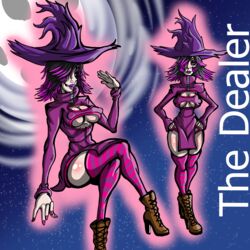 1girls black_hair character_name dealer_(hero's_journey) female female_focus female_only green_eyes hair_over_one_eye hat hero's_journey high_heel_boots high_heels sluttysamuraigirl(artist) solo solo_female solo_focus stockings under_the_witch underboob witch_hat