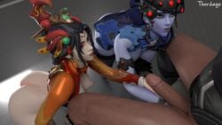 3d alternate_costume ass black_lily_widowmaker blackwatch_reyes blizzard_entertainment breasts female gabriel_reyes lunar_new_year lunar_new_year_series male mercy overwatch partial_male penis reaper straight thordayo threesome widowmaker year_of_the_dog zhuque_mercy