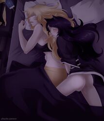 2girls ass blake_belladonna blush bottomless_skirt breasts canon_couple clothed_masturbation clothing curvy female female_only female_penetrated female_with_female fingering masturbation medium_breasts multiple_girls no_panties pussy pussy_juice rwby skirt skirt_lift sleeping stealth_masturbation vaginal_fingering yang_xiao_long yaya_(y8ay8a) yuri