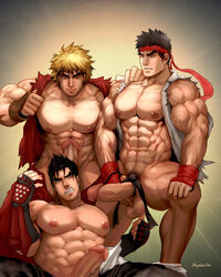 3boys abs bara biceps big_penis black_hair blonde_hair bound_penis capcom clenched_teeth crossover defeated erection fingerless_gloves functionally_nude gay headband hydaria imminent_oral jin_kazama kazama_jin ken_masters male male_focus male_only muscular muscular_male one_eye_closed partially_clothed pecs penis penis_grab ryu_(street_fighter) short_hair street_fighter street_fighter_x_tekken tekken tekken_x_street_fighter testicles threesome two_on_one uncensored undressing veiny_penis yaoi