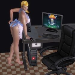 3d apron ass blonde_hair feet gun jc-starstorm looking_at_viewer metroid nintendo pink_nails pistol samus_aran table weapon