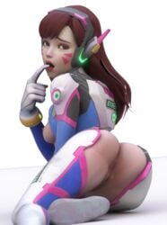 1girls 3d anus asian ass bodysuit breasts brown_eyes brown_hair cute d.va eyelashes female female_only finger_in_mouth fringe from_behind gloves headset looking_at_viewer medium_breasts overwatch pussy shy skinny solo tongue_out transparent_background vyxor