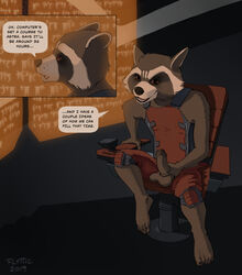 ... 2019 anthro balls black_nose brown_balls brown_eyes brown_fur chair clothing dialogue english_text erection flyttic fur guardians_of_the_galaxy hand_on_penis humanoid_penis male male_only mammal marvel penis plantigrade procyonid raccoon rocket_raccoon sitting solo speech_bubble text toes