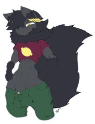 2019 abs anthro balls biceps bulge canid canine clothed clothing crop_top fluf fur hair invalid_tag lemon male male_only mammal midriff pants penis shirt solo sparkles standing standing_tough wide_hips yellow_eyes