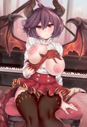 bangs between_breasts black_legwear blush breasts breasts_out buttons dragon_horns dragon_tail dragon_wings dress_shirt eyebrows_visible_through_hair female granblue_fantasy grea_(shingeki_no_bahamut) hair_between_eyes hand_between_breasts hips horns instrument large_breasts looking_at_viewer nipples open_clothes open_shirt parted_lips piano pointy_ears pubic_hair puffy_nipples purple_hair red_eyes red_skirt shingeki_no_bahamut shirt short_hair sitting skirt slit_pupils solo tail thighhighs thighs twitter_username unaligned_breasts wings zettai_ryouiki