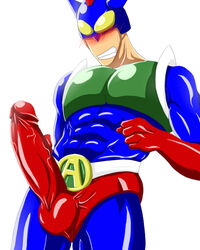 abs action_kamen blush clenched_teeth crayon_shin-chan erect erection heavy_blush huge_cock hyper hyper_penis impossible_clothes impossible_clothing large_penis large_testicles latex male_only penis simple_background skin_tight spandex testicles veins veiny_penis