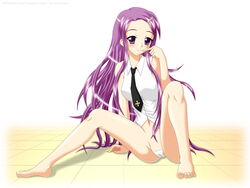 1girls blush bottomless breasts cameltoe clothing feet female female_only kakizaki_misa looking_at_viewer mahou_sensei_negima! mugen_panda nipple_bulge purple_eyes purple_hair shiny_skin small_breasts smile solo toes very_long_hair