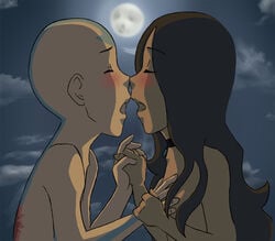 1boy 1boy1girl 1girls aang air_nomad airbender_tattoo an_angels_tears avatar_legends avatar_the_last_airbender blush dark-skinned_female dark_skin female human imminent_kiss interracial katara male male/female nickelodeon small_breasts straight straight_hair the_avatar water_tribe