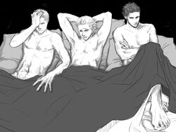 3boys abs arms_behind_head arms_crossed artist_request basch_fon_ronsenburg bed blanket brother_and_brother facial_hair feet final_fantasy final_fantasy_xii gabranth gay incest male male_nipples male_only monochrome multiple_males navel nude pecs scar vossler_york_azelas yaoi