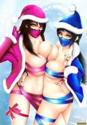 2d 2girls ass black_hair breast_press breast_suppress breasts brown_eyes brown_hair christmas cleavage coat curvy female fingerless_gloves from_above gloves hand_on_hip hat hug huge_breasts kitana kitana_(mk9) lace large_breasts long_hair looking_at_viewer looking_up mask mileena mileena_(mk9) mortal_kombat mortal_kombat_(2011) nail_polish netherrealm_studios ninja orange_eyes outdoors pose ribbon santa_hat siblings sisters snow standing symmetrical_docking windbelow