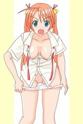 artist_request blush breasts clothing kagurazaka_asuna mahou_sensei_negima! medium_breasts open_clothes open_mouth panties panty_pull shirt undressing