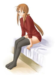 bed black_thighhighs bottomless brown_hair clothing glasses hasegawa_chisame kasuga_yukihito mahou_sensei_negima! megane rolled_up_sleeves simple_background sitting sitting_on_bed small_breasts stockings tagme thighhighs very_long_hair