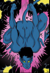 1boy 2008 artist_signature black_hair blue_skin christian_(artist) demon_tail hair_on_head humanoid kurt_wagner male male_only marvel muscles muscular_male nightcrawler nude_male solo x-men yellow_eyes