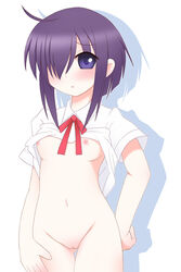 ahoge blue_eyes blush bottomless breasts clothing female flat_chest hair_over_eyes hair_over_one_eyes hand_on_hip hand_on_thigh hips kurappii mahou_sensei_negima mahou_sensei_negima! miyazaki_nodoka nipples no_bra no_panties nude purple_hair pussy school_uniform shadow shirt shirt_lift solo uncensored