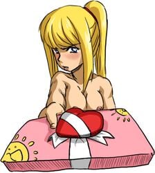 blush female female_only gift holding holding_gift human metroid nintendo nipples nude samus_aran solo tsundere valentine