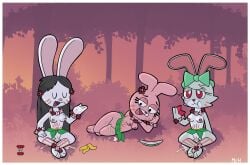 absurd_res after_sex anais_watterson anthro bodily_fluids border breasts bunny_(ajmarekart) cartoon_network cum cum_drip cum_in_vagina cum_inside dripping elinor_rabbit elinor_wonders_why female flower_accessory food fruit genital_fluids genitals grass_skirt group hi_res lagomorph leporid mammal markings mr_harinezumi nipples nude pbs plant rabbit the_amazing_world_of_gumball tribal tribal_markings trio vulva white_border