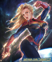 1girls blonde_hair bodysuit breasts captain_marvel carol_danvers female female_only judash137 long_hair marvel solo space superheroine text uncensored url watermark