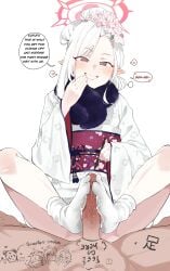 1boy absurdres blue_archive body_writing english_text erection feet female flower footjob grin hair_flower hair_ornament halo highres japanese_clothes kimono long_sleeves looking_at_viewer mutsuki_(blue_archive) mutsuki_(new_year)_(blue_archive) niyoukoso no_shoes penis pointy_ears pov purple_eyes red_halo simple_background smile solo_focus speech_bubble straight two-footed_footjob uncensored white_background white_hair white_kimono wide_sleeves