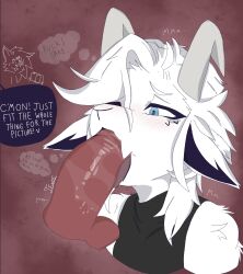 anthro being_photographed being_watched big_penis blue_eyes blush bodily_fluids bovid camera caprine dialogue duo embarrassed fellatio female fur genitals goat grunting hi_res looking_at_another male male/male mammal oral penile penis saliva sex thought_bubble white_body white_fur