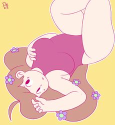 bee_(bee_and_puppycat) bee_and_puppycat breasts brown_hair brunette chubby color dezz female female_only flower_in_hair hand_on_chest highres leotard light-skinned_female light_brown_hair light_skin on_back solo solo_female thick_thighs thighs wide_eyed