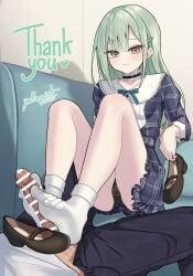 1boy 1girls ankle_socks bang_dream! bang_dream!_it's_mygo!!!!! bar_censor bare_legs belt black_choker black_panties black_pants blush bobby_socks breasts brown_shoes buttoned_cuffs buttons cameltoe censored choker closed_mouth clothed_sex commentary commission couch crotch_seam dated dot_nose dress elbow_rest english_commentary erection female footjob footjob_with_legwear frilled_choker frilled_shirt_collar frills furrowed_brow green_hair grey_dress hair_ornament hairclip heart highres holding holding_shoes holding_unworn_clothes indoors knees_up large_penis left-handed legs light-skinned_female light-skinned_male light_skin long_hair long_sleeves looking_at_viewer mary_janes mortis_(bang_dream!) mortis_(persona)_(bang_dream!) multi-source_commentary neck_ribbon no_shoes on_couch open_fly out_of_frame paid_reward_available panties pants pantyshot penis pixiv_commission plaid_belt plaid_clothes plaid_dress precum ribbon seductive_smile shirt shoes short_dress signature sitting sleeve_cuffs small_breasts smile socks soles straight thank_you toe_scrunch toe_seam two-footed_footjob underwear unworn_shoes veins veiny_penis wakaba_mutsumi white_ribbon white_shirt white_socks yellow_eyes youthpaint