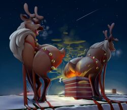 antlers black_nose capreoline cervid cheekles chimney christmas crouching duo fart fart_fetish feral fur holidays horn jingle_bells looking_back mammal night on_roof open_mouth outside rear_view reindeer shooting_star side_view sky star stink_lines story story_in_description