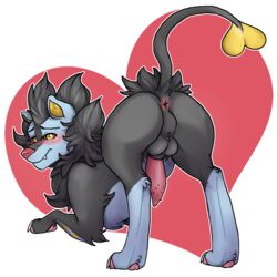 1boy 2019 animal_genitalia animal_penis anus ass black_fur black_tail blue_ears blue_fur blush feet feral fur furry heart luxray male male_only mammal mane nintendo original_character pawpads paws penis pink_nose pink_pawpads pokémon_(species) pokemon pokemon_(species) presenting presenting_hindquarters princeluxio quadruped solo tail testicles text video_games watermark yellow_eyes