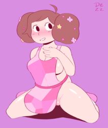 bee_(bee_and_puppycat) bee_and_puppycat black_eyes blush brown_hair casual clothing dezz double_bun female female_only footwear frederator hair_bun naked_apron outerwear pale_skin pink_background pussy smile solo tagme