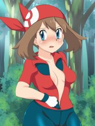 1girls bandana blue_eyes blush breasts brown_hair embarrassed eye_contact female gloves looking_at_viewer may_(pokemon) medium_hair nintendo no_bra pokemon pokemon_rse red_bandana shorts solo spandex_shorts standing umejiru