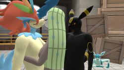 2females 2girls 2males 3d 3d_(artwork) angry anthro anthropomorphic baek-myo box boxes closed_eyes cranky dnrud12 eeveelution female glaceon grouchy grumpy keldeo keldeo_(resolute_form) kissing kissing_each_other legendary_pokemon mad male meloetta meloetta_(aria_form) mythical_pokemon pokemon pokemon_(species) sexy sfm source_filmmaker umbreon under_box under_boxes wooden_box wooden_boxes