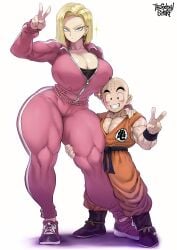 1boy 1boy1girl 1girls alternate_breast_size android_18 asymmetrical_hair bald bald_male blonde_hair blue_eyes blush breasts breasts_on_head canon_couple cleavage clothed dragon_ball dragon_ball_super duo earrings fat_breasts height_difference husband_and_wife krillin kuririn large_breasts milf muscular muscular_female muscular_male muscular_thighs partially_unzipped pink_track_suit short_hair short_king shorter_male straight taller_female thegoldensmurf thick_thighs track_suit v_sign