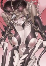 arthropod_girl breasts brown_hair brown_pubic_hair cowboy_shot eyelashes female female_pubic_hair gradient_background highres horns insect_wings kouya_toufu large_breasts legs_together looking_at_viewer monster_girl mosquito_girl mosquito_girl_(one-punch_man) mosquito_musume navel nipples one-punch_man parted_lips pink_background pubic_hair red_eyes single_horn solo wings