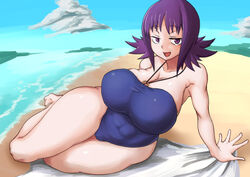 1girls 2018 arm_support bare_arms bare_legs bare_shoulders barefoot beach big_breasts breasts brown_eyes busty chubby curvaceous curvy female female_only half-closed_eyes huge_ass huge_breasts human human_only large_breasts looking_at_viewer necklace nintendo one-piece_swimsuit open_mouth open_smile pale-skinned_female pale_skin philena_ivy pokemon pokemon_professor pokemon_rgby presenting purple_eyes purple_hair san_chi_yunohappa short_hair swimwear thick_thighs wide_hips