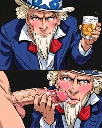 2d 2d_(artwork) 2koma ai_generated american beard blue_jacket facial_hair funny gangbang gay lambai11 old_man shitpost tagme top_hat uncle_sam what white_hair why wtf yaoi