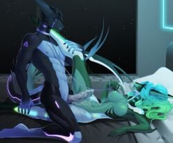 abs anthro athletic athletic_female athletic_male aurora_(kamikazekit) bed bedroom_sex black_sclera bodily_fluids breasts clitoral_hood collar collar_only cum cum_drop cum_from_vagina cum_in_vagina cum_inside cum_on_belly cum_on_body cum_on_breasts cum_on_own_penis cum_on_penis cum_on_self cum_strand cum_string curvy_figure dark_body detailed_background digital_media_(artwork) dominant dominant_female drark_(species) duo ear_piercing erect_nipples erection eye_roll fangs female fin fish from_front_position furniture genital_fluids genitals green_body green_eyes grinding hands_on_legs head_thrown_back hi_res hourglass_figure kneeling larger_male leaking_cum leaning leaning_backward leash leg_grab leg_muscles leg_over_shoulder looking_at_another looking_at_partner looking_pleasured losing_control lying male male/female marine medium_breasts midriff narrowed_eyes navel nipples non-mammal_breasts nude on_back open_mouth orgasm penis piercing power_bottom purple_eyes pussyjob raised_leg ridged_penis sex shark size_difference smaller_female smile smiling_at_another smiling_at_partner smirk soft_abs stc3000 submissive submissive_male tail teeth tongue tongue_out vaginal_fluids vaginal_penetration vein veiny_penis ventral_groove vulva white_body