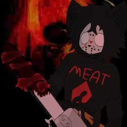 1:1 anthro black_body black_clothing black_fur blood bloodrot_(raganlier) bodily_fluids chainsaw clothing detailed_background domestic_cat felid feline felis femboy fur gore guts hi_res male male/male mammal organs power_tool raganlier solo tools