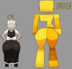 2girls abrahamslapper ass ass_chart ass_focus back_view bottom_heavy bottom_heavy_female bow_on_head character_name crossover cyn_(murder_drones) die_of_death_(roblox) fat_ass fat_butt female female_only glitch_productions hands_on_hips harken_(die_of_death) hyper_ass hyper_butt large_ass maid_outfit maid_uniform murder_drones naked_female nude_female roblox roblox_game robot_girl size_comparison text worker_drone