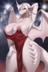 2:3 absurd_res anthro areola armlet ass aurea_(ghost3013) barbell_piercing big_breasts blue_eyes bracelet breasts chains chappell_roan chappell_roan_dress claws countershade_arms countershade_breasts countershade_butt countershade_face countershade_neck countershading dragon eyelashes female finger_claws ghost3013 glistening glistening_breasts glistening_eyelids glistening_thighs gold_(metal) gold_bracelet gold_chain gold_jewelry gold_piercing hair hand_on_hip hi_res horn huge_breasts jewelry long_eyelashes looking_at_viewer markings membrane_(anatomy) membranous_wings multicolored_body multicolored_eyes mythological_creature mythological_scalie mythology nipple_attached_clothing nipple_chain nipple_piercing nipple_piercing_dress nipples piercing pink_areola pink_body portrait purple_eyes scale_markings scales scalie solo tail thick_thighs three-quarter_portrait two_tone_body white_body white_hair wide_hips wings