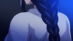 1girl 1girls 2020 20s animated animated_gif anime back backboob bare_shoulders blue_hair braid braided_ponytail breasts bunnywalker cheating_(relationship) clothes_removed collarbone female functionally_nude hand_on_own_chest hentai huge_breasts jewelry large_breasts long_hair mature_female mind_control miyajima_tsubaki navel netorare nipples no_bra no_panties pubic_hair purple_eyes pussy ring robe saimin_seishidou shoulder_blades sidelocks stomach t-rex_(animation_studio) tagme thighs undressing wedding_ring white_robe