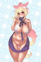 1girls areola_slip big_breasts bikini blonde_hair blush breasts female female_only from_above gradient_hair long_hair looking_at_viewer micro_panties nipple_bulge pattern_background pink_hair reverse_virgin_killer_sweater smile solo thong tomoyuki_kotani virgin_killer_sweater
