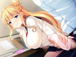 ahoge blonde_hair blue_eyes blush book breasts censored closed_mouth double_bun erection female from_below game_cg hair_bun handjob head_rest highres indoors large_breasts legs long_hair looking_down mosaic_censoring ore_no_imouto_wa_kyou_kara_do-s~o,_onii-chan_nanka,_atashi_no_pet_ni_shiteyarundakara panties pantyjob penis school_uniform sitting skirt smile solo_focus table thighs underwear urute