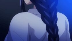 1girl 1girls 2020 20s animated animated_gif anime back backboob bare_shoulders blue_hair braid braided_ponytail breasts bunnywalker cheating_(relationship) female hentai large_breasts long_hair mature_female mind_control miyajima_tsubaki netorare no_bra robe saimin_seishidou shoulder_blades sidelocks t-rex_(animation_studio) tagme undressing white_robe