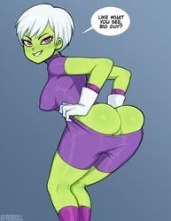 1girls afrobull alien alien_girl alternate_version_available ass back big_ass booty_shorts breast breasts cheelai curvy dragon_ball dragon_ball_super favorite female female_only fresh_pussy gloves green_skin hourglass_figure humanoid looking_at_viewer looking_back pussy short_hair shounen_jump sideboob smile stretched_clothes stretching text thick_thighs thighs tight_clothing tight_pants watermark white_hair wide_hips